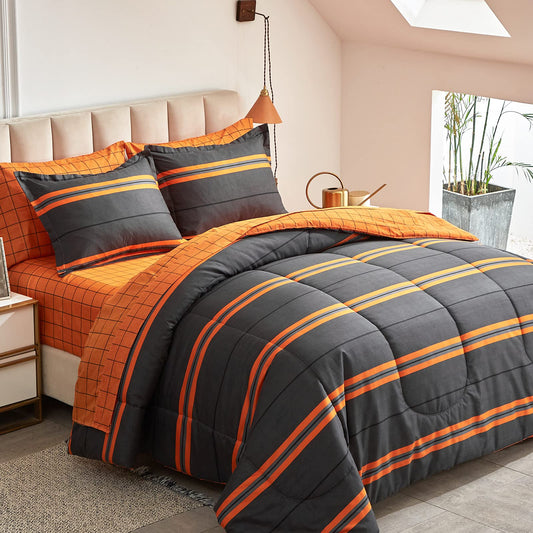 Flysheep Boho Striped Halloween Bed in a Bag 7 Pieces King Size, Ombre Bright Orange Stripes on Black Comforter Sheet Set (1 Comforter, 1 Flat Sheet, 1 Fitted Sheet, 2 Pillow Shams, 2 Pillowcases)