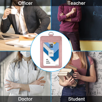 Badge Holder, Wisdompro 2-Sided PU Leather ID Badge Card Holder Wallet Case with 1 Clear ID Window and 1 Credit Card Slot and 22 Inch Quick Rlease Detachable Neck Lanyard Strap-Rose Gold (Vertical)