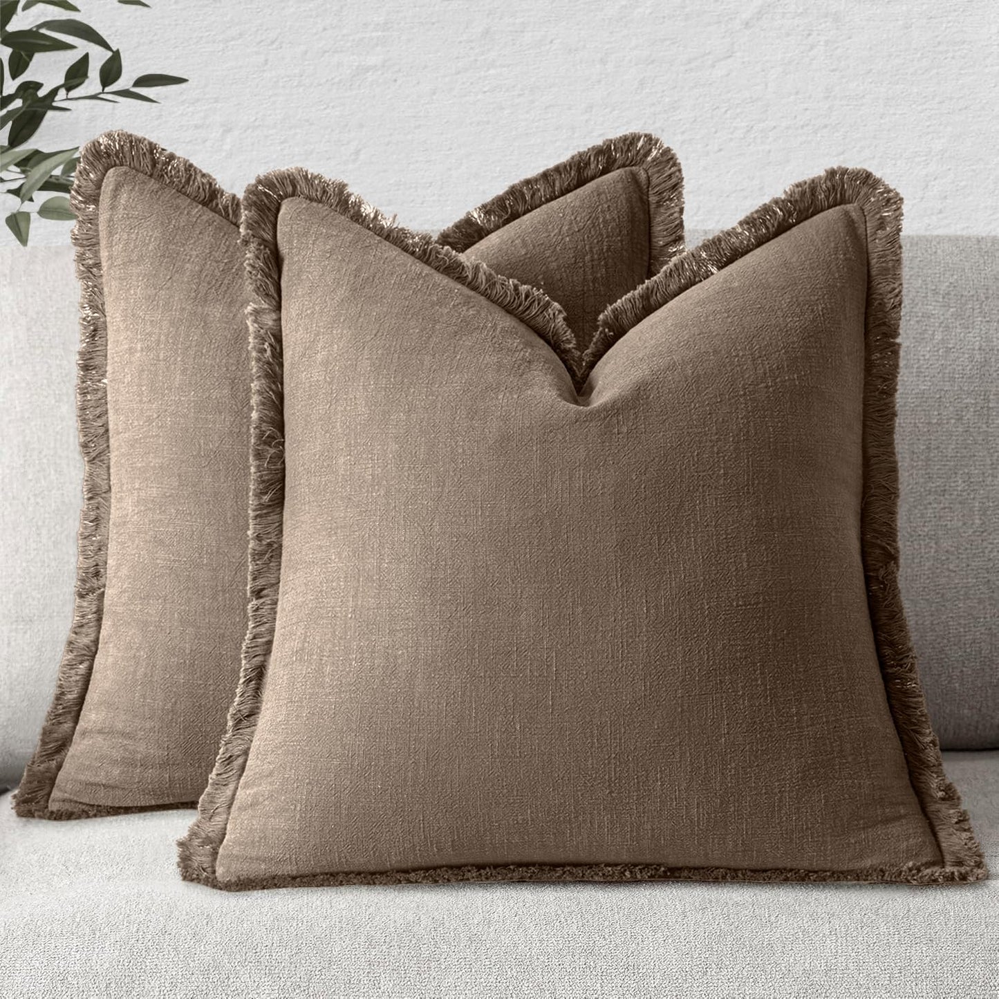 MIULEE Christmas Decorative Throw Pillow Covers Neutral Linen Fringe Fall Throw Pillows Set of 2 Natural Beige Boho Farmhouse Cushion Covers with Tassels for Couch Sofa Bed Home Decor 20x20 Inch
