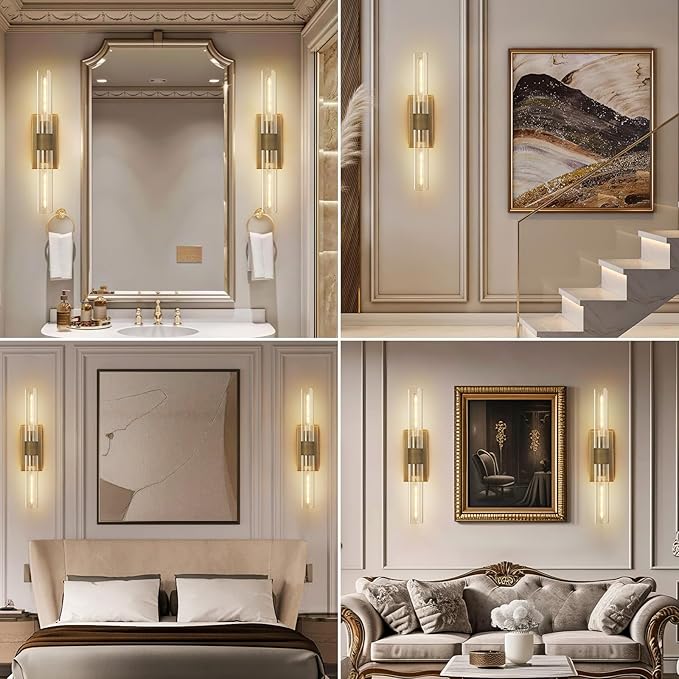 Wall Sconces Set of Two, 22.8" Gold Bathroom Sconces Wall Lighting with Clear Glass, Modern Sconces Wall Decor Brass Light Fixtures for Bathroom Mirror Living Room Hallway Bedroom