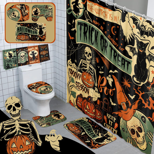FuWeave 8 Pcs Halloween Shower Curtain Set for Bathroom Include Vintage Ghost Pumpkin Bat Cat Towels Non Slip Skull Rugs Toilet Lid Cover Spider Web Bath Mat and 12 Hooks for Halloween Bathroom Decor