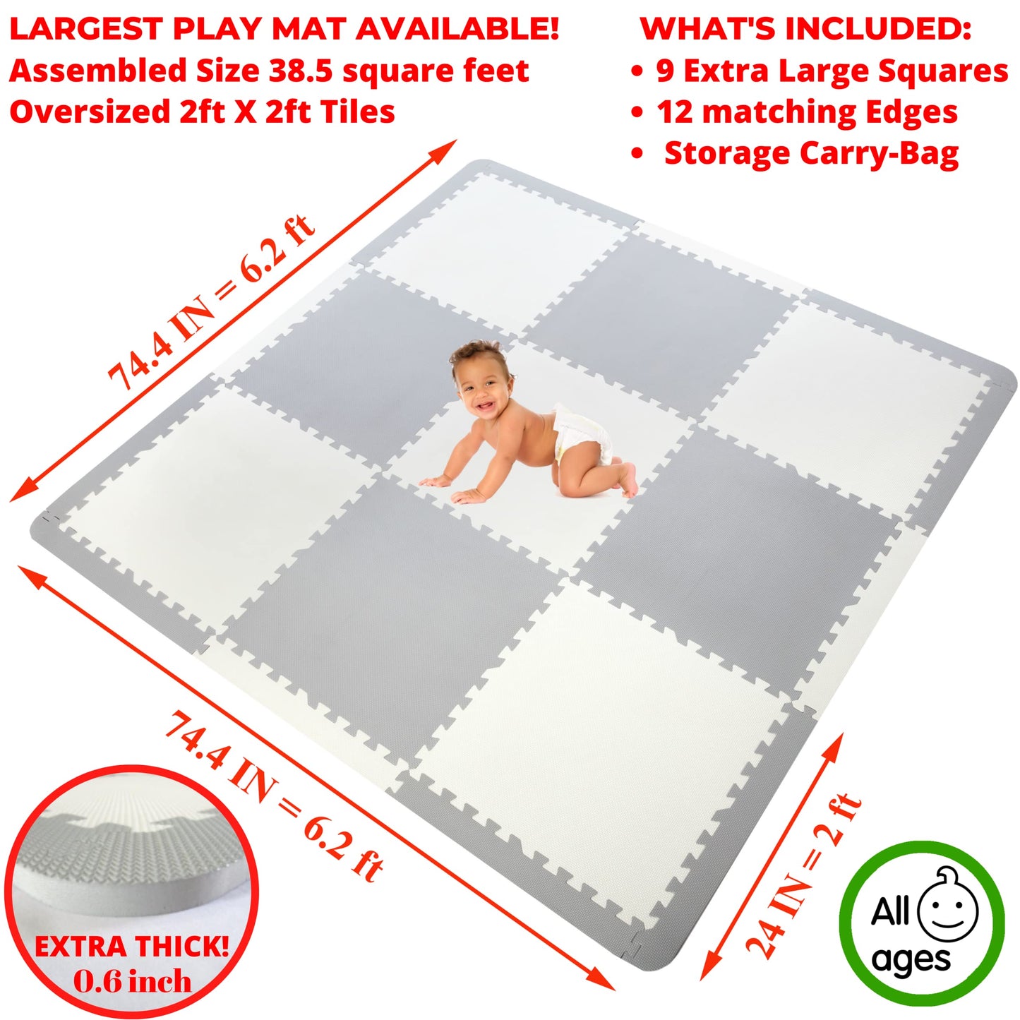 Extra Large Baby Play Mat Tiles Thick Foam Non-Toxic Floor Puzzle Mat Interlocking Activity Playmat for Infants Toddlers Kids Crawling Tummy Time 74x74 Inches (Grey/White)