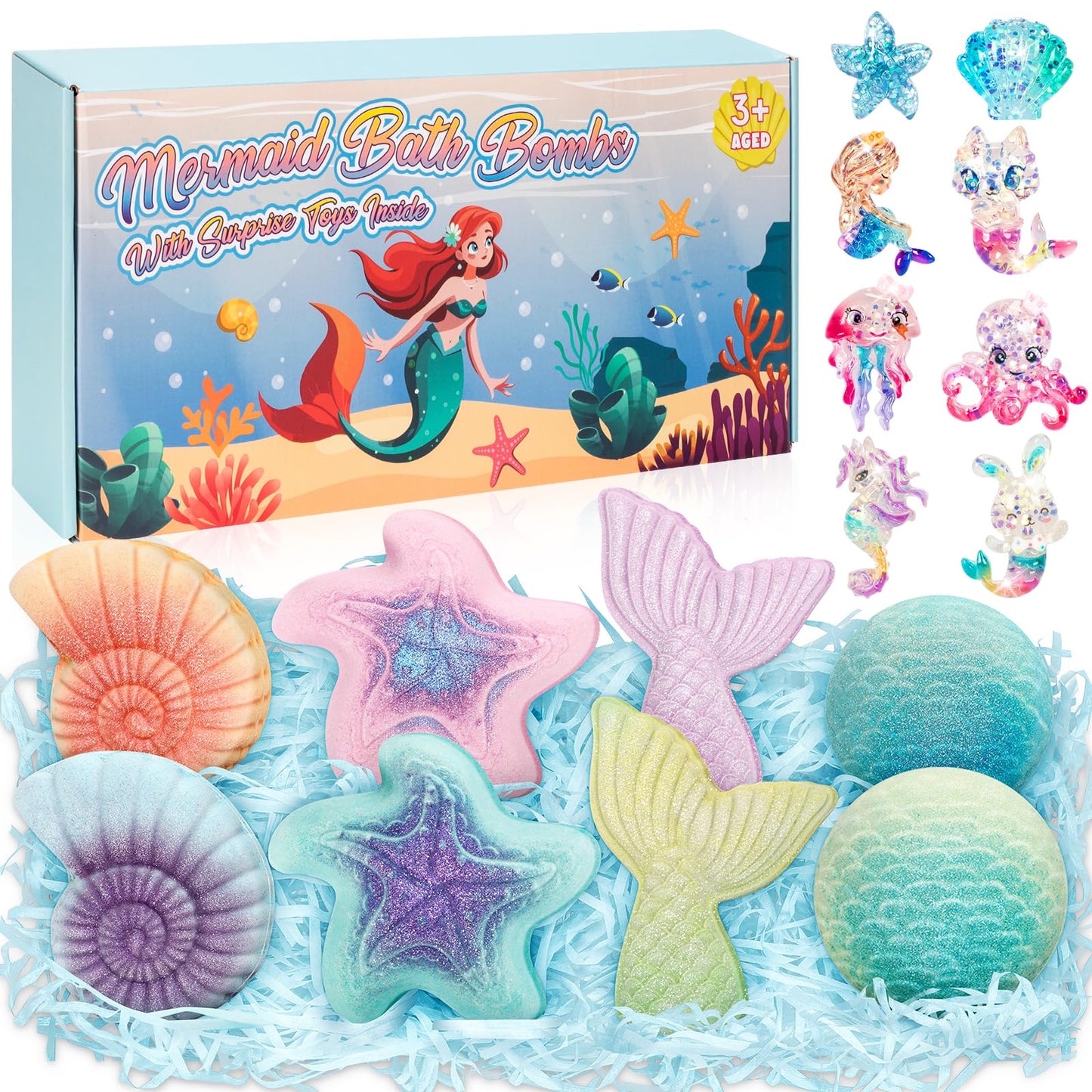Mermaid Bath Bombs for Kids with Surprise Toys Inside, 8 Pcs Organic Natural Bubble Bath Bombs for Girls,Christmas Birthday Gift for 3 4 5 6 7 8 Year Old Girl,Princess Bath Bomb Kit with Mermaid Toys