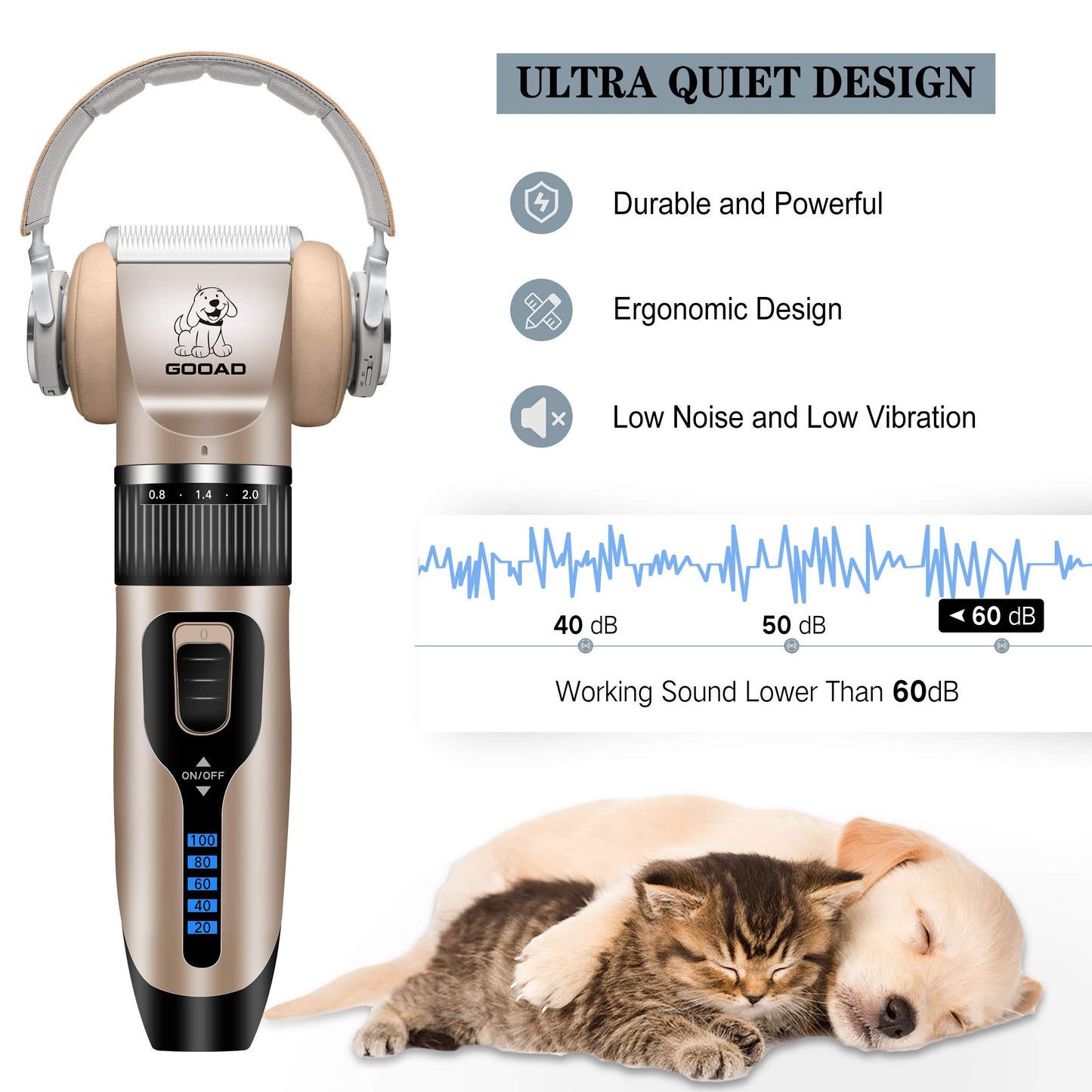 Gooad Dog Clippers Grooming Kit and Paw Trimmer,Cordless,Low Noise, Electric Quiet,Rechargeable, Dog Trimmer Grooming Tool, Pet Hair Clippers for Thick Coats,Shaver for Small and Large Dogs&Cats