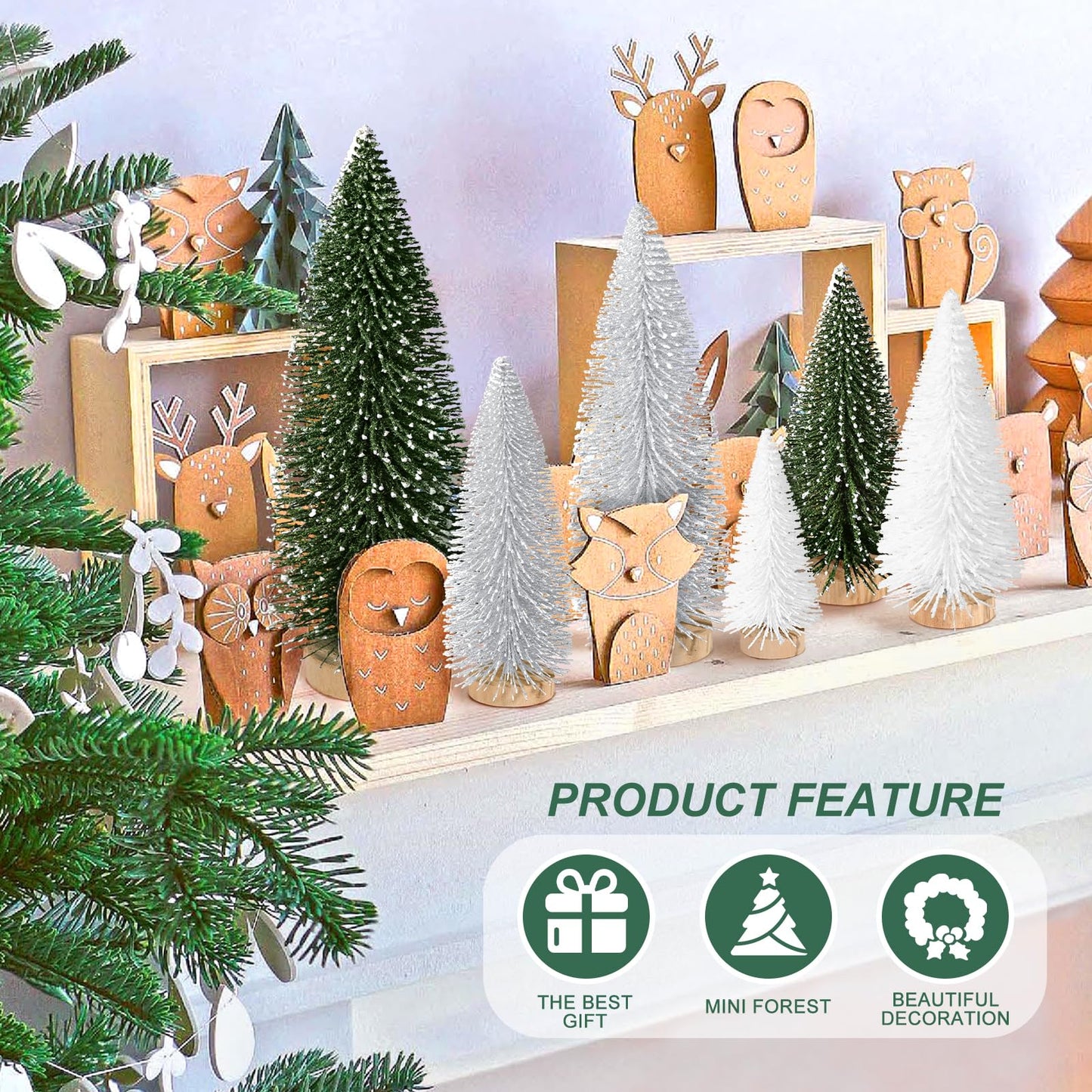 6pcs Mini Christmas Trees Decorations Small Bottle Brush Trees,Artificial Tabletop Christmas Tree for Indoor Outdoor Home Room Party Gift (Green, Silver, White)