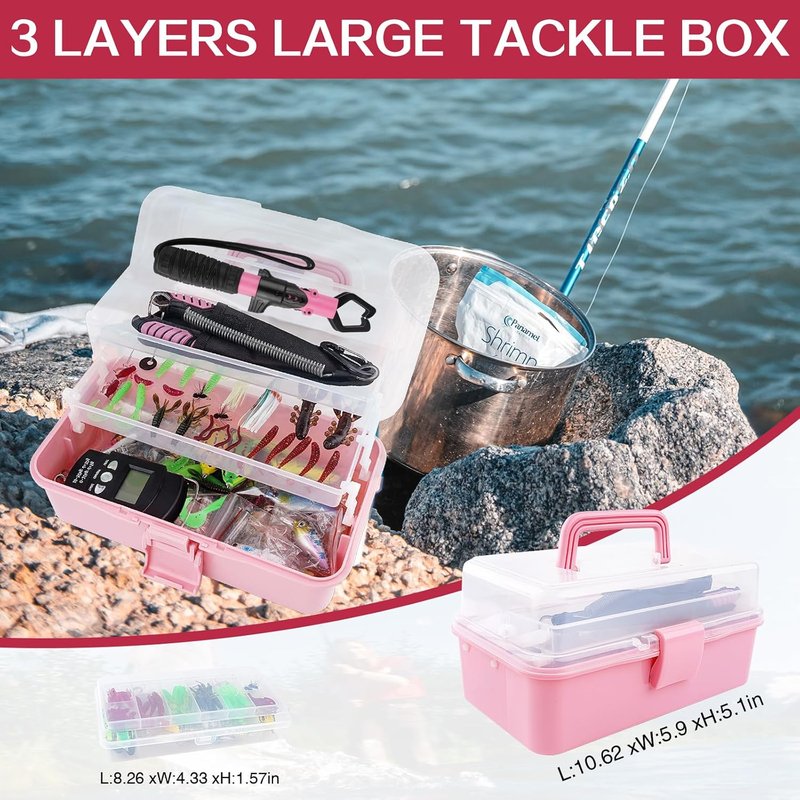 3-Layer Fishing Tackle Box - Complete Fishing Tools Kit with Pliers, Gripper & Baits | Pink Color