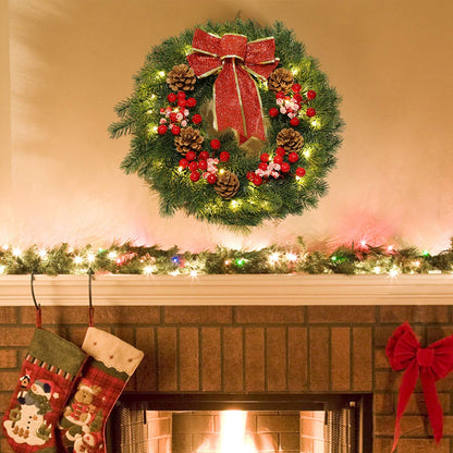 MorTime 16 Inches LED Christmas Wreath with Pinecones Red Berries, Red Bowknot Lighted Christmas Wreath with 40 LED Warm White Lights for Winter Holidays Home Decoration