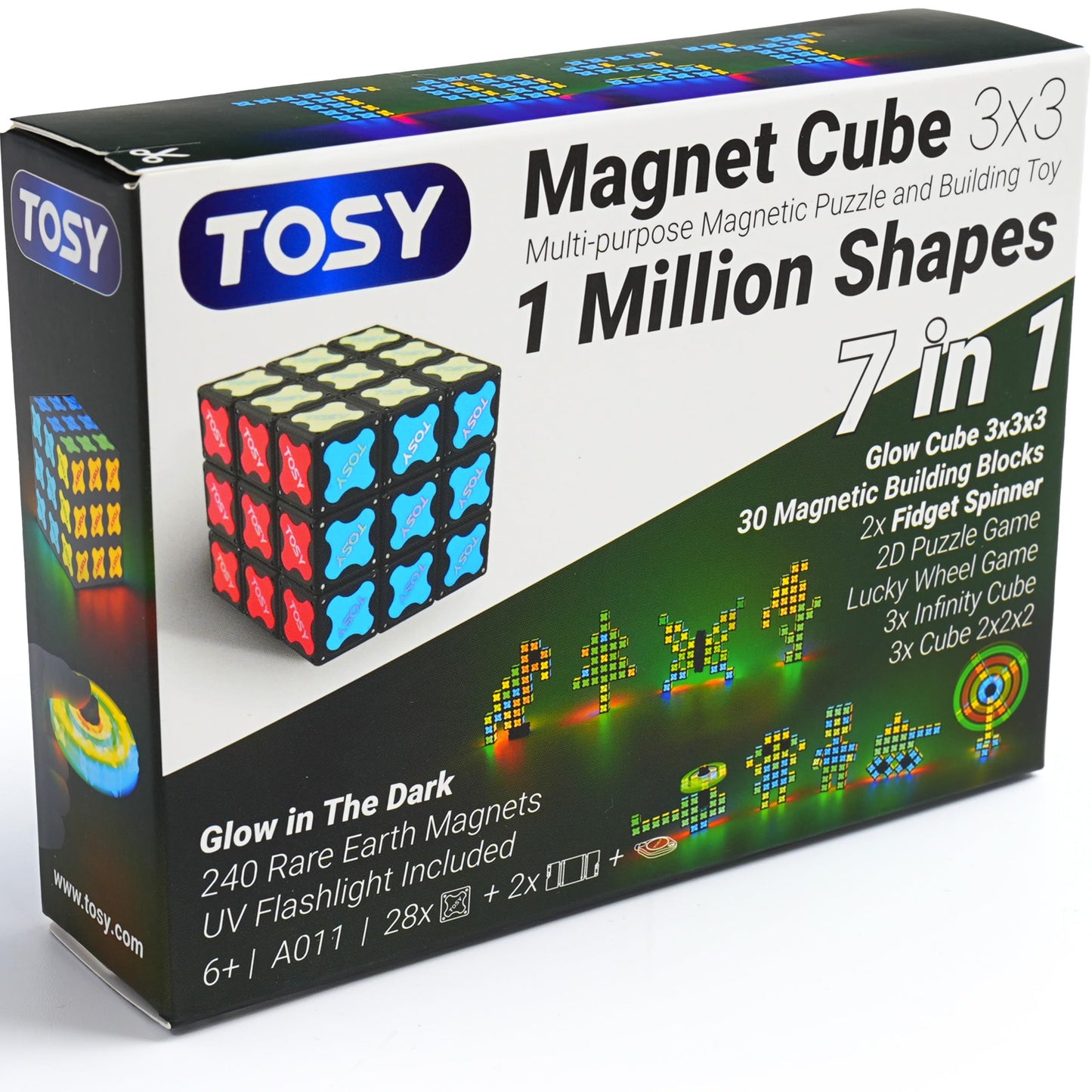 TOSY Magnet Cube 3x3-240 Magnets, 30 Blocks, 7 in 1 Toy: Puzzle Cube Game, Creative Building Blocks, Transformable Fidget Spinner, Infinity Cube, Magnet Tiles, UV Flashlight, Glowing STEAM Toy