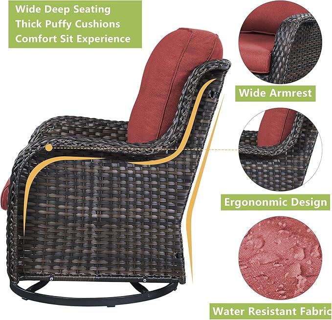 Rilyson Wicker Patio Furniture Set - 7 Piece Rattan Outdoor Sectional Conversation Sets with 2 Rocking Swivel Chairs,2 Ottomans,2 Sofa and 1 Coffee Table for Porch Deck Garden(Brown/Red)