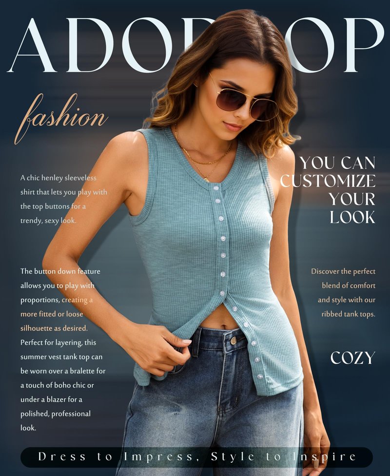 ADORPOP Ribbed Tank Tops for Women - Sleeveless Blouse Crew Neck Button Down Vest Shirts Slim Fit Summer Casual Basic Top Blue Medium