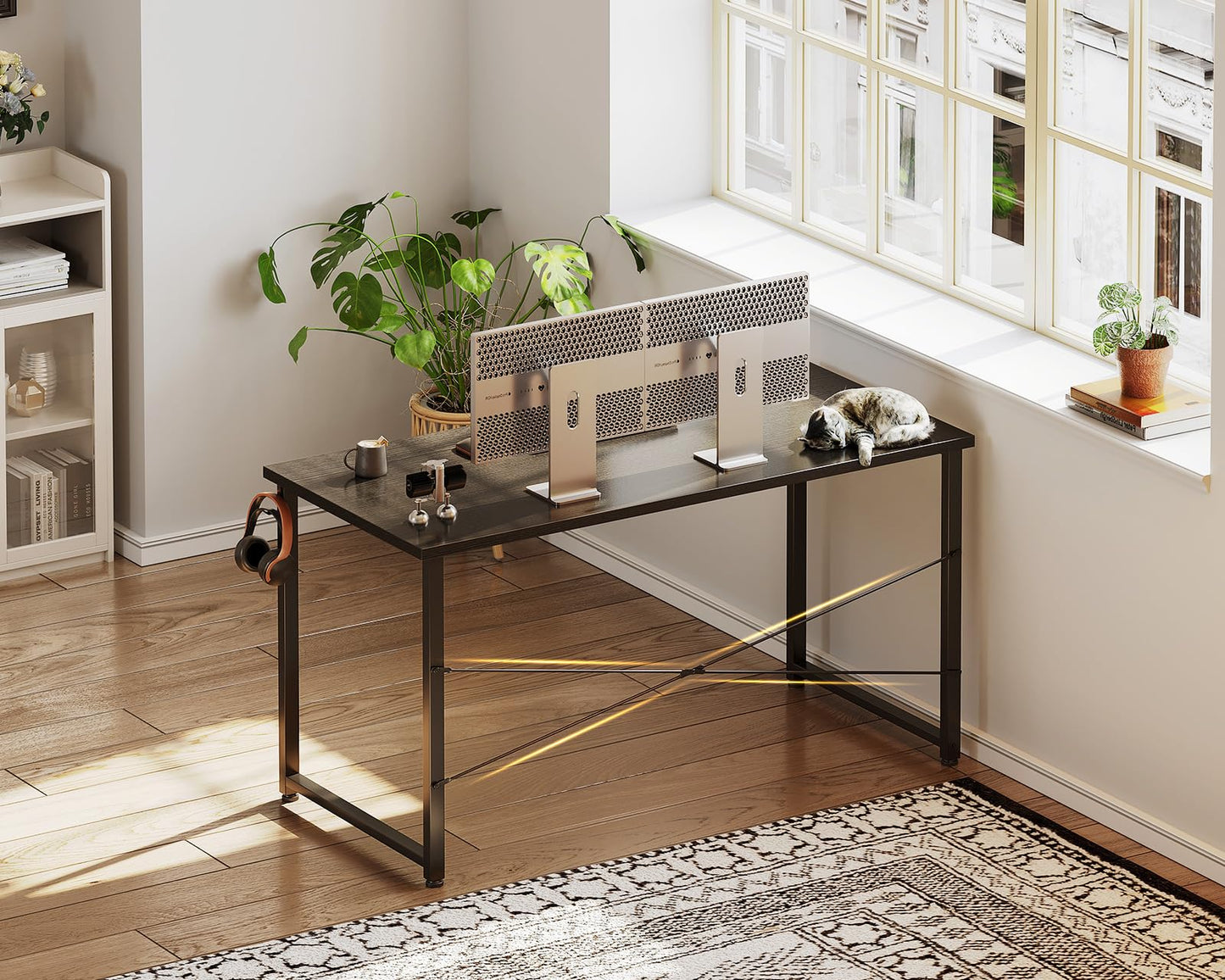 Casaottima 48 Inch Small Computer Desk for Home Office, Study Writing Table for Small Spaces, Simple Modern Desk with Headphone Hooks, Black