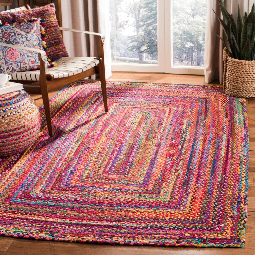 SAFAVIEH 5x8 Area Rug - Braided Collection - Red & Multi, Handmade Woven Cotton, Boho Reversible Style, Ideal for Living Room, Bedroom (BRD210A)