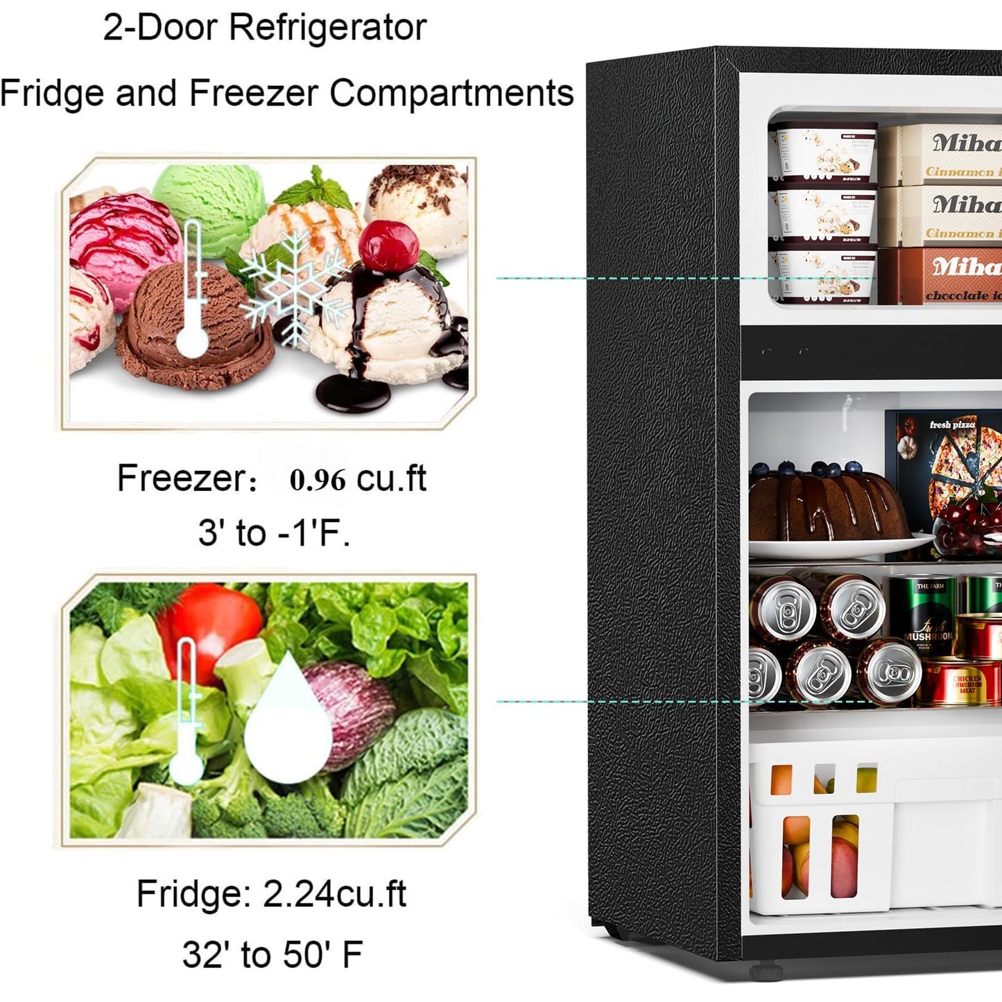 Antarctic Star Mini Compact Refrigerator, 3.2 Cu.Ft. Separate Freezer Double 2-Door Adjustable Removable Shelves for Apartment/Dorm/Office,BLACK