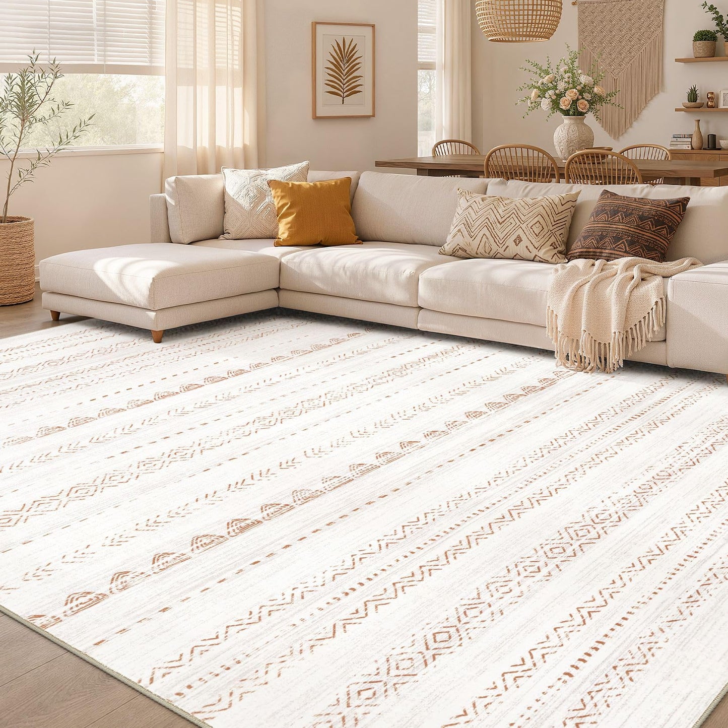 Nakagishi Area Rug Living Room Rugs: 5x7 Large Soft Machine Washable Boho Moroccan FarmNeutral Stain Resistant Indoor Floor Carpet for Bedroom Under Dining Table Home Office Decor-Cream Brown