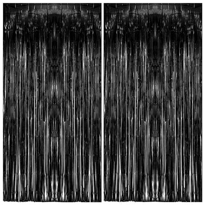 2 Pack Foil Curtain Backdrop Black Metallic Tinsel Foil Fringe Curtains Photo Booth Props for Birthday Wedding Engagement Baby Shower Bachelorette Christmas Holiday Celebration Party Decorations