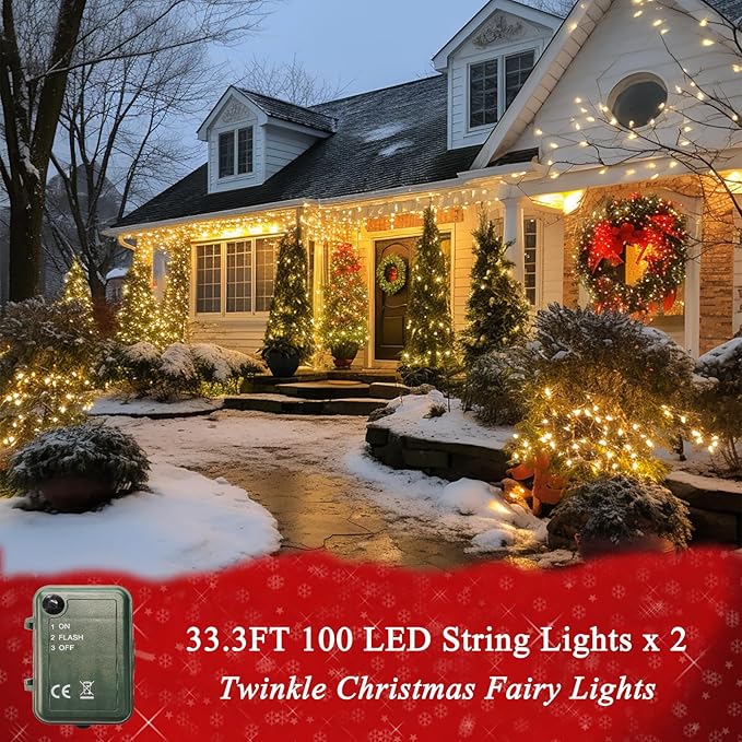 Pink String Lights Battery Powered, 2 Pack Total 66.6 FT 200 LED Christmas String Lights Indoor Outdoor Decoration, Twinkle Fairy Light for Halloween Party Garden Classroom Dorm Decor
