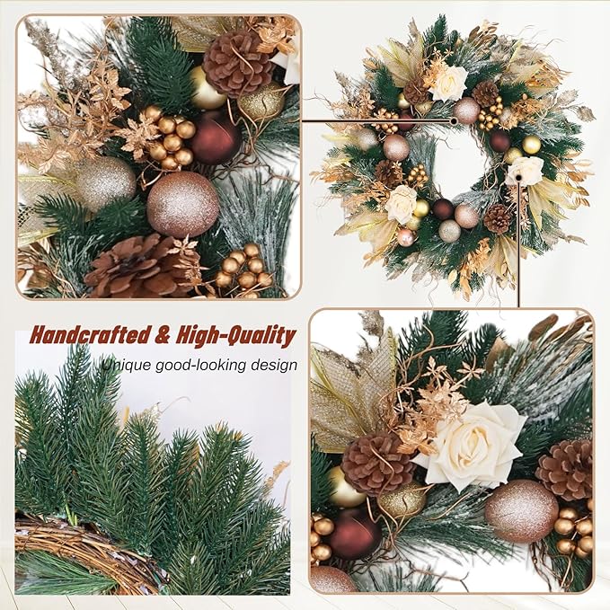 Christmas Wreaths for Front Door with Lights Pre-Lit 24 Inch Champagne Gold Door Wreath with Ball Ornaments, Rose Battery Operated Holiday Thanksgiving Christmas Wreath Decor