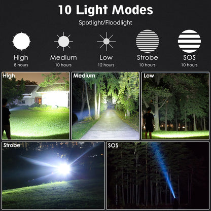 Amzyigou Rechargeable Flashlights 1990.000 High Lumens, Super Bright Flashlight with 10 Modes, LED Tactical Flashlight Waterproof, Powerful for Camping, Hiking, Hunting and Emergencies