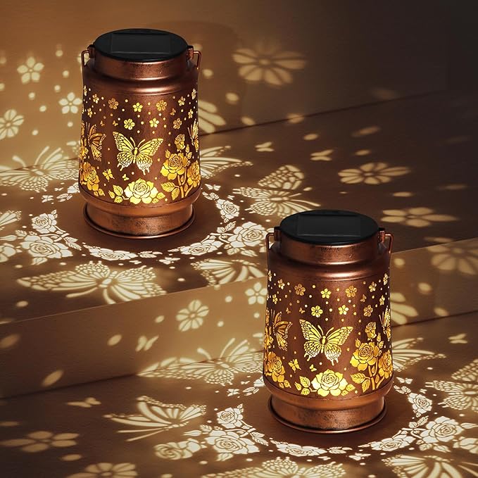 Butterfly Solar Lanterns Outdoor Waterproof Rose Garden Decor Gifts for Women Mom Grandma Hanging Solar Lights Metal Solar Decoration Outside for Yard,Patio,Backyard,Porch
