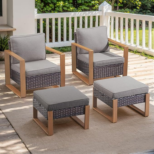 Rilyson Outdoor Wicker Patio Furniture Set - 4 Piece Patio Conversation Set with 2 Wicker Armrest Chairs,2 Rattan Ottoman, Sturdy Frame, Thick Cushions, Deep Seating(Brown/Grey)
