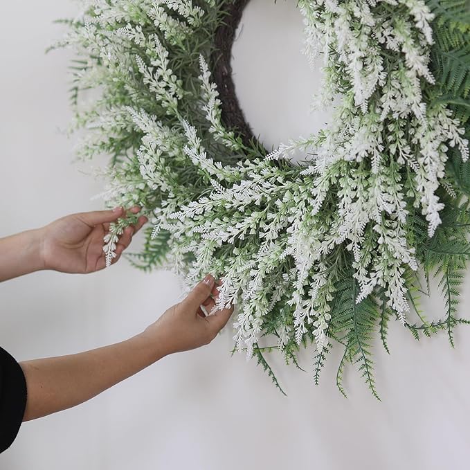 26'' Lavender and Boston Ferns Wreath for Front Door - Large Artificial Greenery Outdoor Wreath for Porch,Window,Farmhouse,Home,Hanging Decor- Spring, Summer, All Seasons (White-Green)