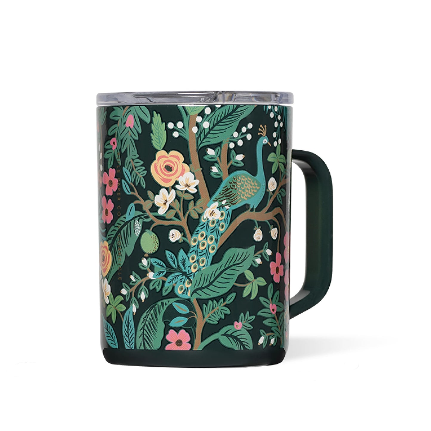 Corkcicle x Rifle Paper Co. Triple Insulated Coffee Mug with Lid & Handle - Keeps Beverages Hot for 3+ Hours - Gift for Mom - Great for Mother's Day or Christmas - 16 oz - Peacock Blue