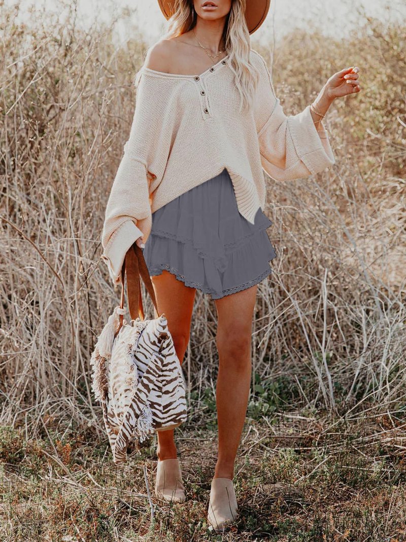 Aoudery Flowy Shorts for Women Casual Boho Ruffle Tiered Skorts High Waist Mini Skirts Golf Tennis Butterfly Crochet Shorts - Gray XL
