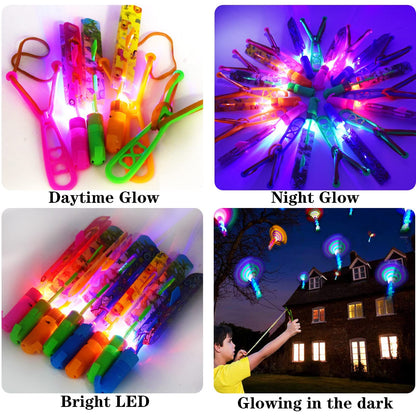JX Rocket Slingshot Flying Toys with Led Lights,12Pcs LED Arrow Helicopters + 12Pcs Launchers,Summer Outdoor Game LED Slingshot Toy for Kids, Glow in The Dark Kids Party Supplies