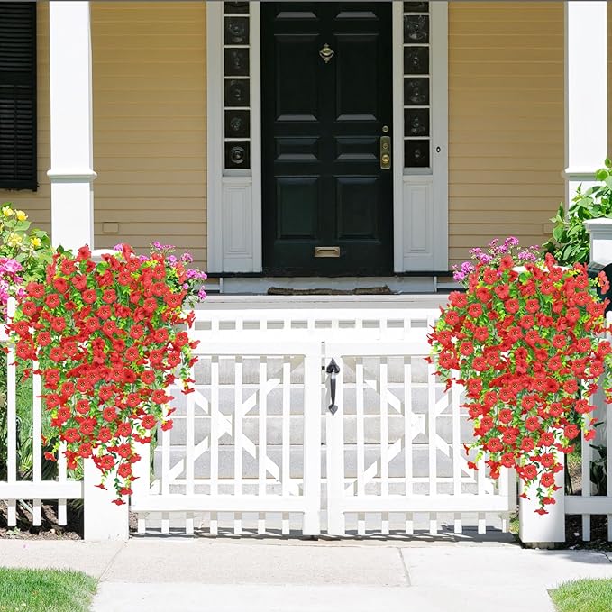 DOUBFIVSY Artificial Hanging Flowers for Outdoors, 4 Pcs Fake Hanging Plant Spring Summer Decor, UV Resistant Waterproof No Fade Faux Flower for Front Door Porch Patio Planter Garden (Red)