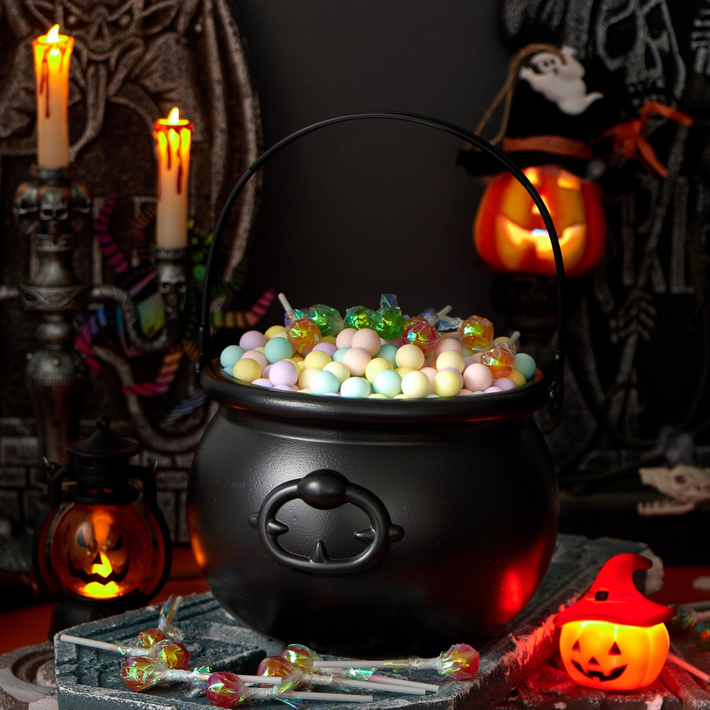 JOYIN Halloween Large Black Cauldron 7.5'', Halloween Witch Cauldron Pot, Candy Kettle, Pot and Bucket, Candy Cauldrons Holder for St. Patricks Party Favor Supply Witch Decoration, Kids Trick or Treat