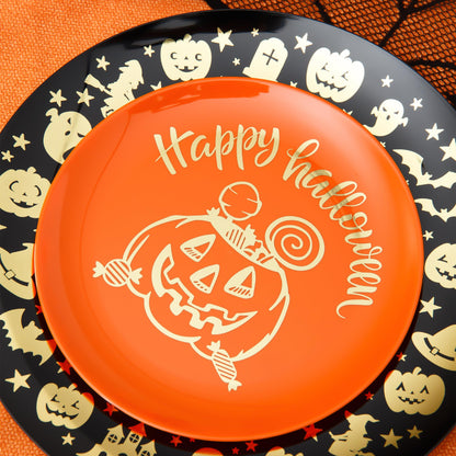 ISFANGCO 60 PCS Plastic Spoof Plates Set for 30 Guests-30 Black Dinner Plates with Gold Ghost Spider,30 Orange Dessert Plate with Gold Pumpkin Lantern