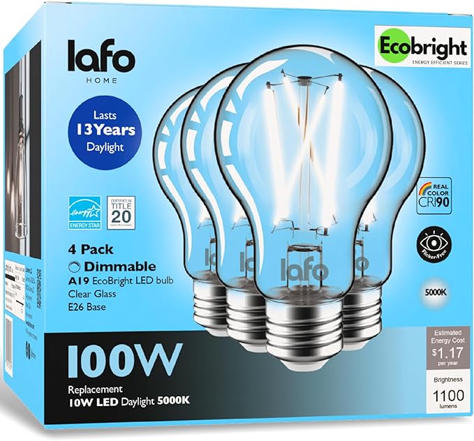 EcoBright 4PK Dimmable A19 LED Filament Bulb, 10W (100W Equivalent), E26 Base, 1100 Lumens, CRI90+, Flicker-Free Clear Glass, Energy Star Title 20, Daylight 5000K