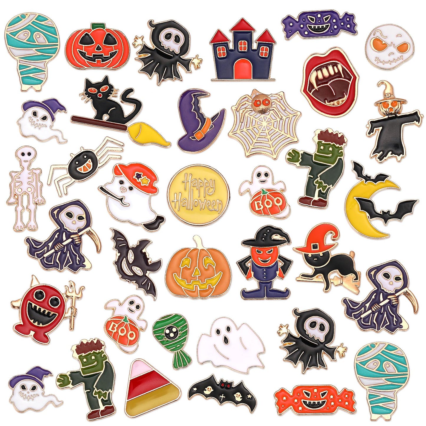 SANNIX 60Pcs Halloween Pins, Halloween Enamel Lapel Pins Assorted Pumpkin Ghost Bat Spider Skeleton Brooch Pins for Clothes Bags Hats Accessories, 30 Styles