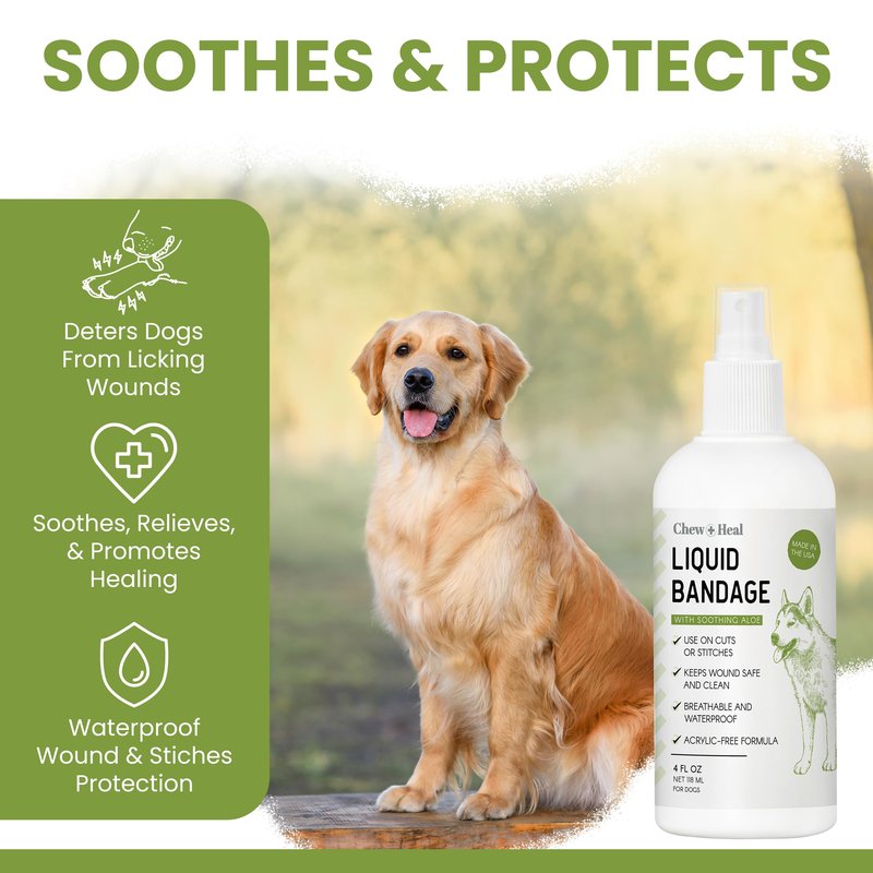 Liquid Bandage for Dogs 4oz Waterproof Spray - Dog Wound Care with Aloe for Cuts, Scrapes, Hot Spots & Paw Injuries - Alcohol-Free, Safe if Licked, Made in USA | Chew + Heal