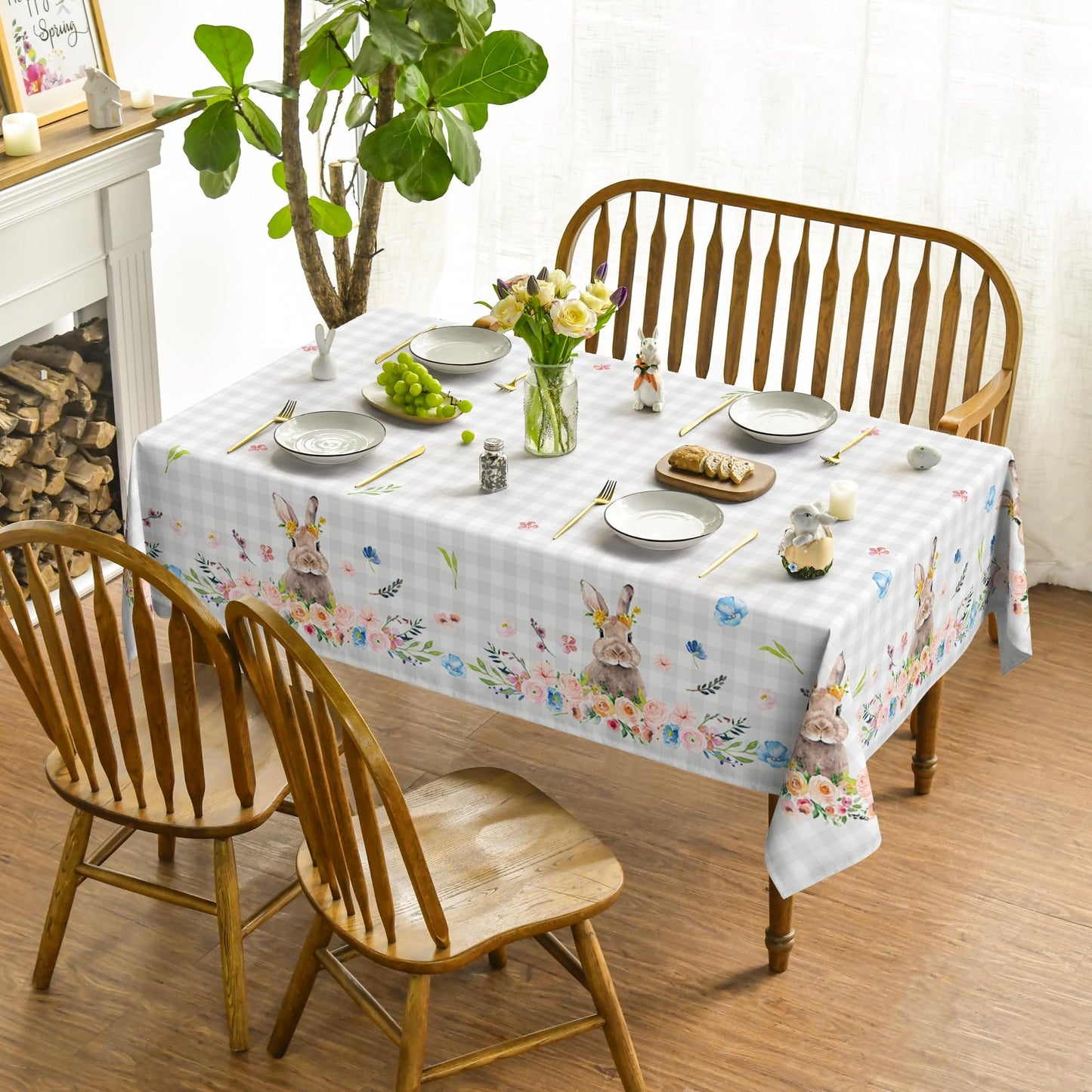 Horaldaily Easter Tablecloth 60x84 Inch Rectangular, Spring Flower Buffalo Plaid Bunny Table Cover for Party Picnic Dinner Decor