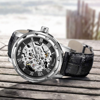 GLEIM Men's Watch, Mechanical Skeleton Steampunk Design Automatic Self-Winding Roman Numeral Silver Case PU Leather Wrist Watch