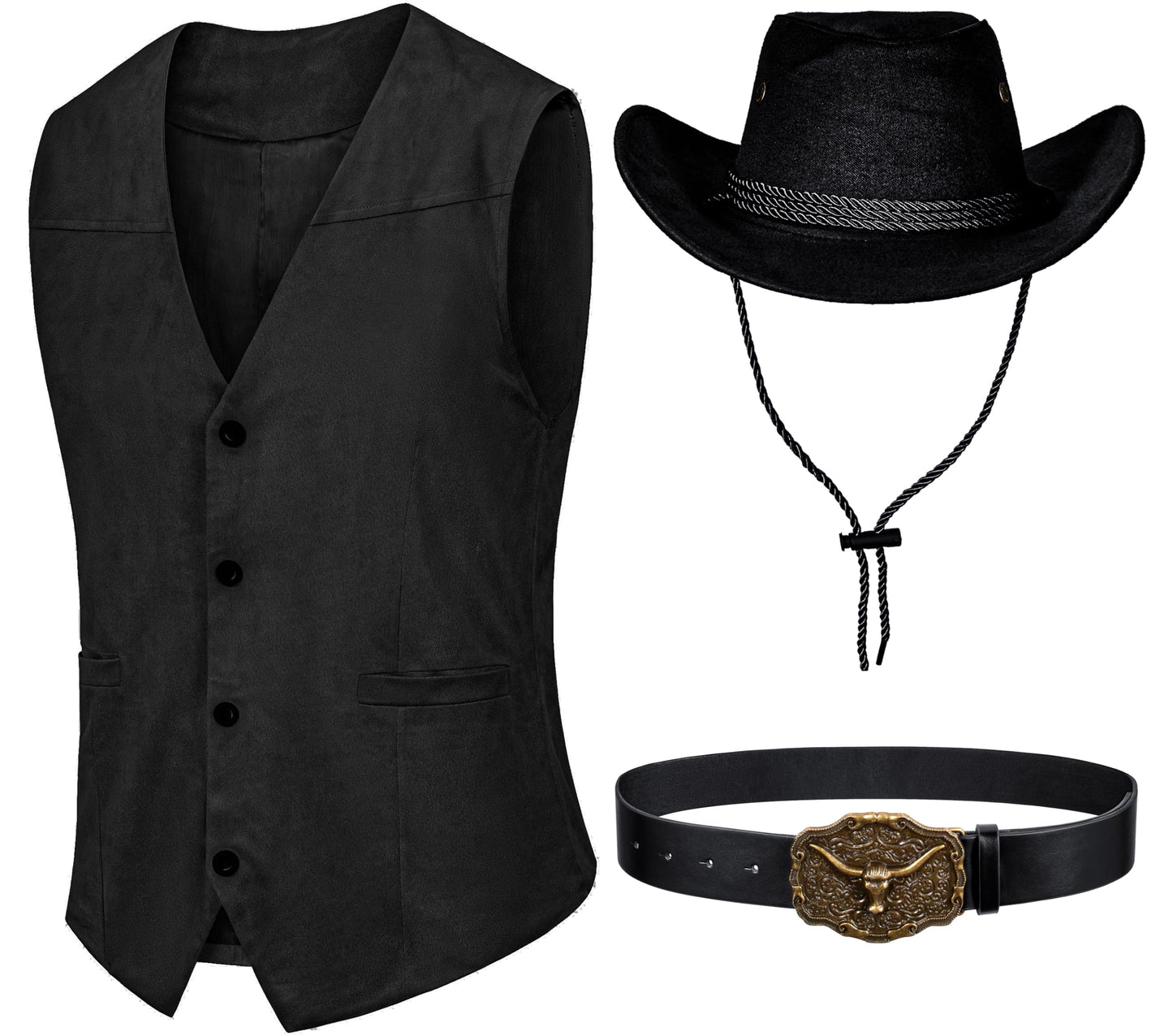 KAIPUTE Western Cowboy Costume Men's Vest Hat Belt for Adult Halloween Party Cosplay Black
