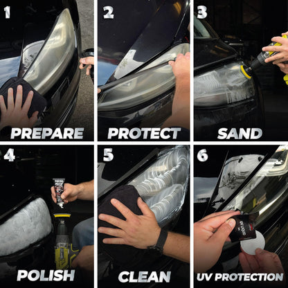 BassMotor Complete Kit for Polishing Dull and Worn Headlights for Car Restoration - Set for Cleaning and Sanding for ITV and Improved Visibility and Safety, Carbon Alumina