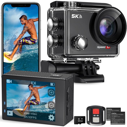 Hiicam Action Camera 4K 30FPS Waterproof Camera Underwater 131FT with EIS WiFi App Remote Control 64GB Card 170° Wide Angle Sports Helmet Bike Video Black