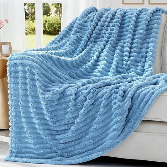 decorUhome Soft Fleece Blue Twin Blanket for Bed, Cozy Fluffy Plush Flannel Striped Throws for Couch Sofa, Lightweight Decorative Ribbed Fuzzy Blanket for Woman, 60x80 Inches