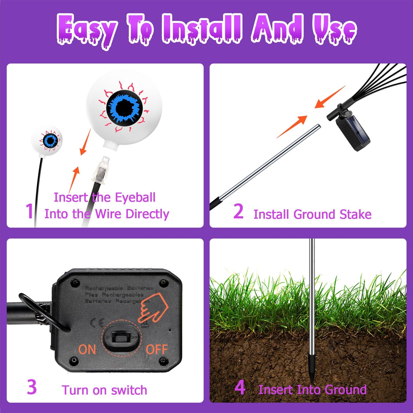 Halloween Decorations Outdoor, 4 Pack 24 LED Solar Purple Scary Eyeball Swaying Lights, Purple Solar Firefly Light Waterproof Outdoor Garden Lights for Halloween Yard Garden Lawn Party Flower Bed