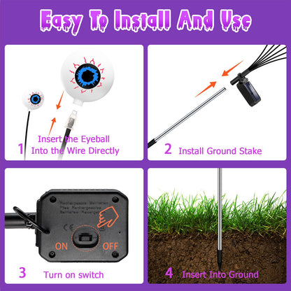 Halloween Decorations Outdoor, 4 Pack 24 LED Solar Purple Scary Eyeball Swaying Lights, Purple Solar Firefly Light Waterproof Outdoor Garden Lights for Halloween Yard Garden Lawn Party Flower Bed