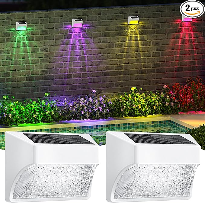 Solar Powered Fence Deck Lights Outdoor Waterproof Led IP65 RGB Color Changing/Warm White Auto On/Off Solar Step Lights for Outside Stair Garden Yard Wall Patio (2 Pack, White)