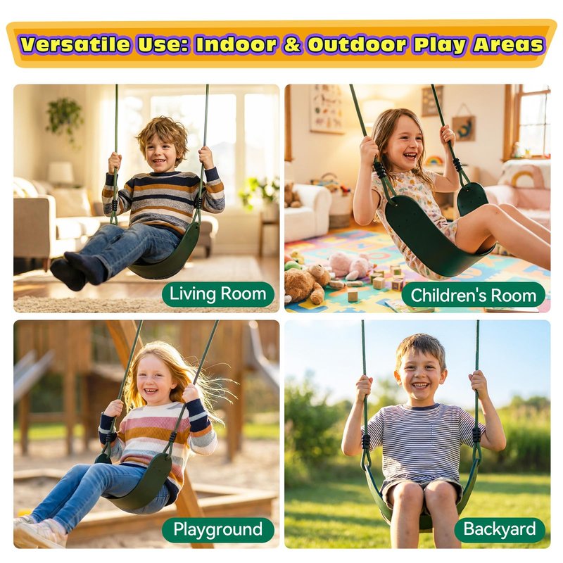 HeyZoo Heavy Duty Kids Swing Seat with 79" Adjustable Rope, 330 lbs Capacity Swing Set Accessories Replacement with 2 Carabiners and 2 Extra Hanging Straps, Outdoor Playground Gifts, Green 1 Pack