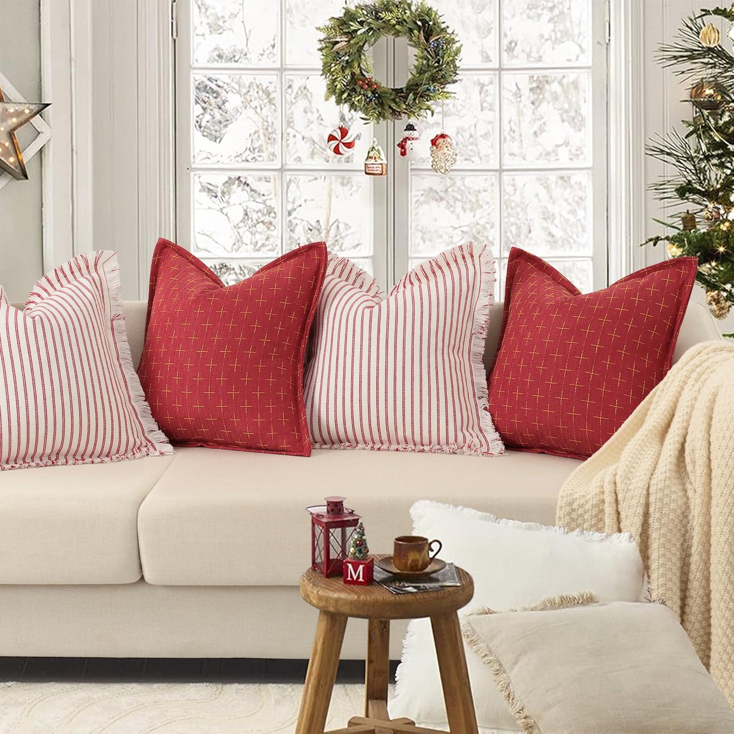 ZWJD Christmas Pillow Covers 18x18 Set of 2 Soft Polyester Textured Pillows with Stylish Flange Edge Cozy Farmhouse Christmas Decor for Couch Bed Sofa Living Room (Red)