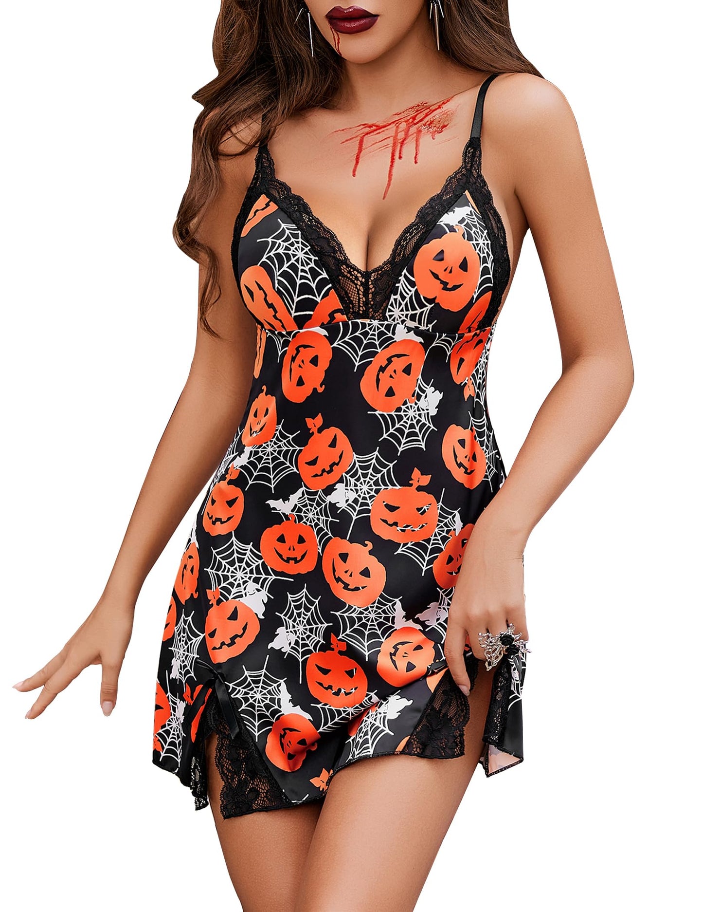 ADOME Sexy Lingerie for Women Satin Nightgown Lace Halloween Costumes (Medium, Floral Pumpkin)
