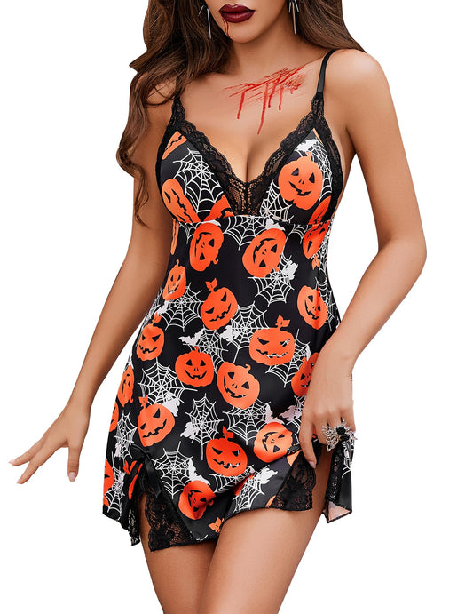 ADOME Sexy Lingerie for Women Satin Nightgown Lace Halloween Costumes (Medium, Floral Pumpkin)