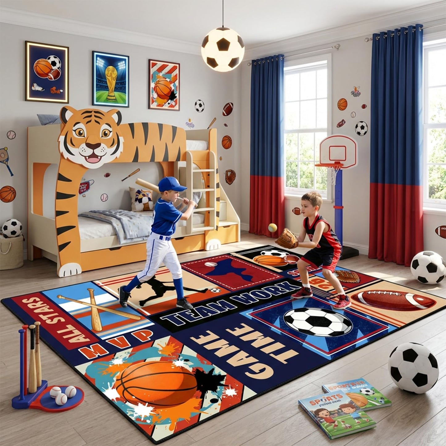 BATATADOCE Sports Rug - 2.5x4 Feet Small Area Rug Basketball Football Soccer Baseball Kids Play Carpet for Boys Bedroom Game Room Living Playroom Decor