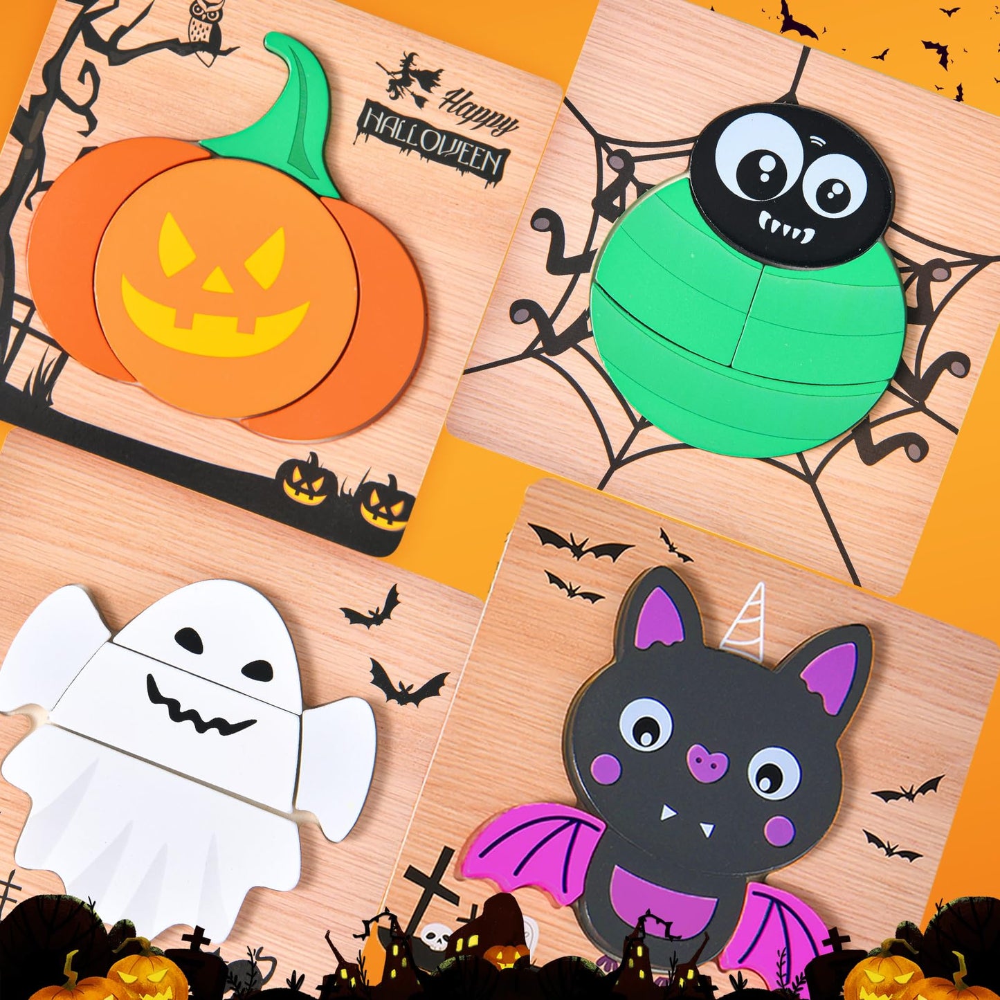 4 Pack Halloween Wooden Puzzles for Kids Toddlers Jigsaw Puzzles Halloween Toys for Halloween Party Favors Treat Bag Prizes