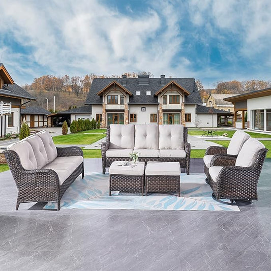 Rilyson Wicker Patio Furniture Set - 6 Piece Rattan Outdoor Sectional Conversation Sets with 2 Rocking Swivel Chairs,2 Ottomans and 2 Sofa for Porch Deck Garden(Brown/Beige)